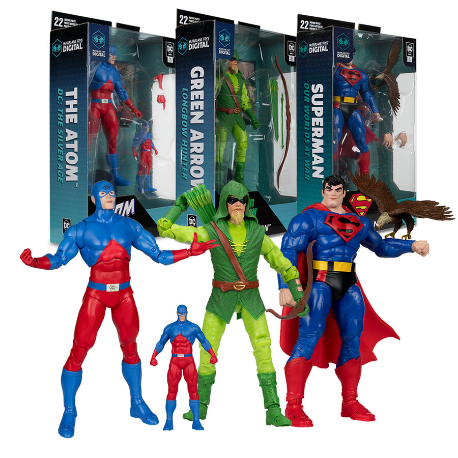 the atom dc the silver agegreen arrow longbow huntersuperman our worlds at war personaggi da 7 con mcfarlane toys digital collectibles wave 2 phygital bundle 3